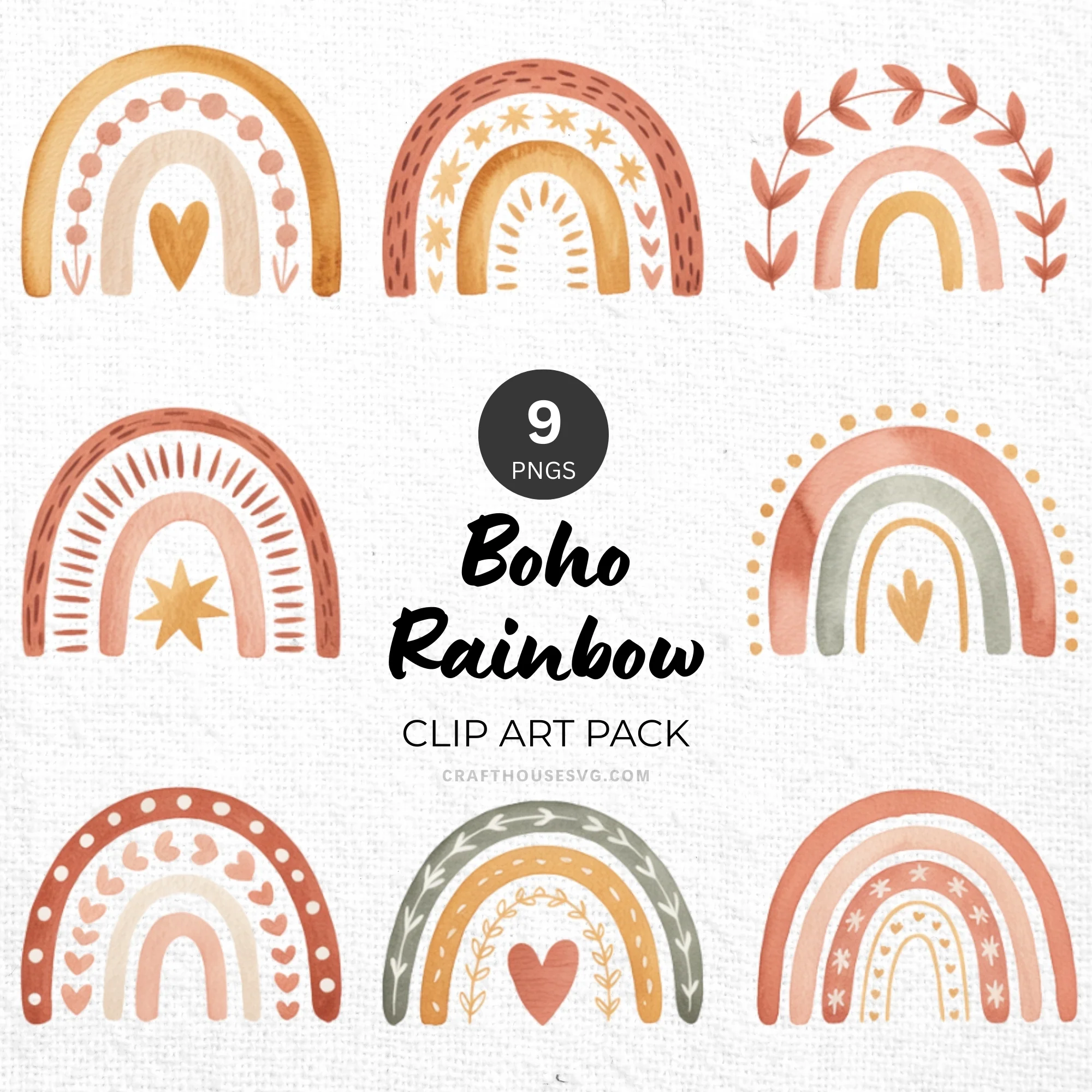 Boho Rainbow Clipart Pack Sublimation Bundle PNG