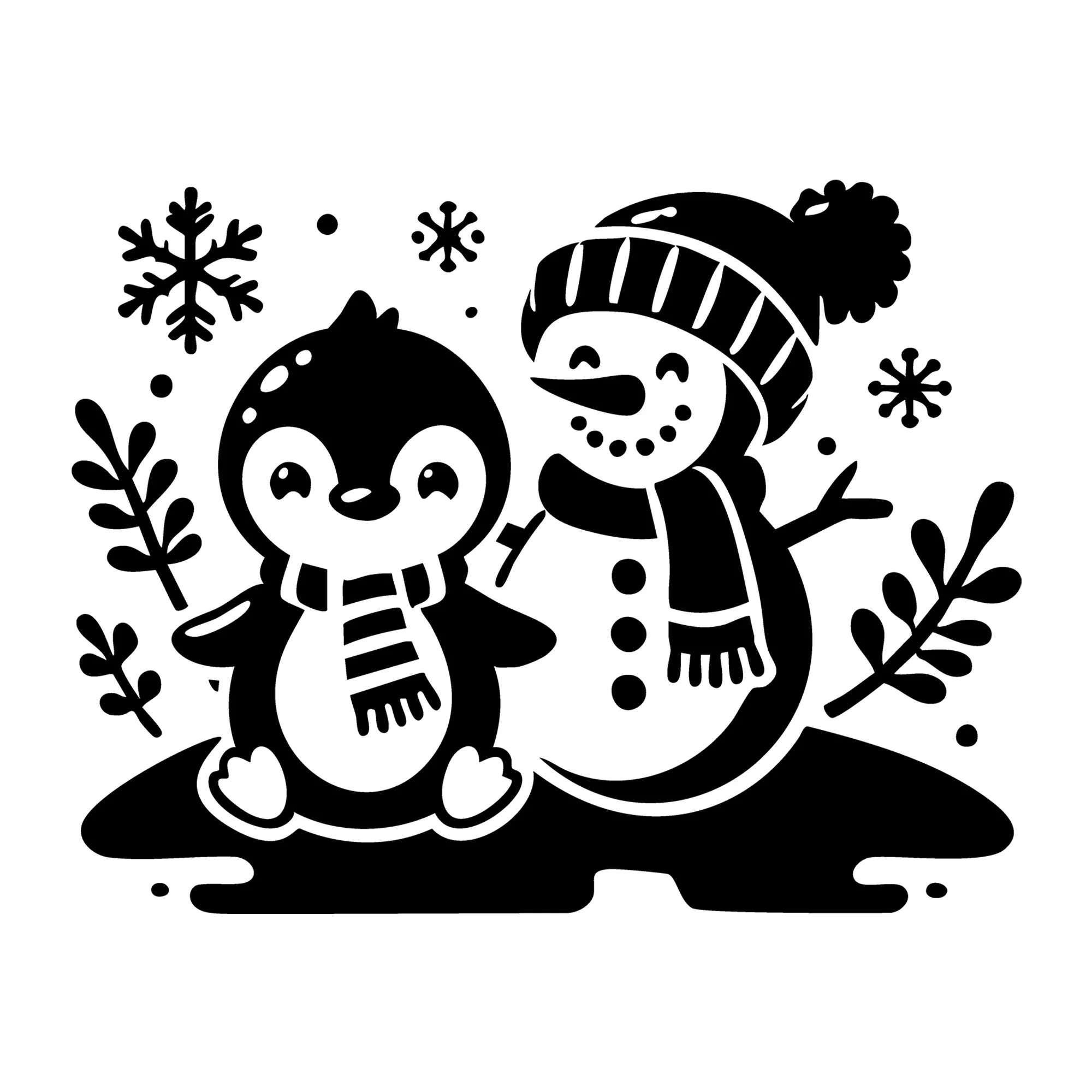 Cute Penguin Sitting Next to Snowman SVG