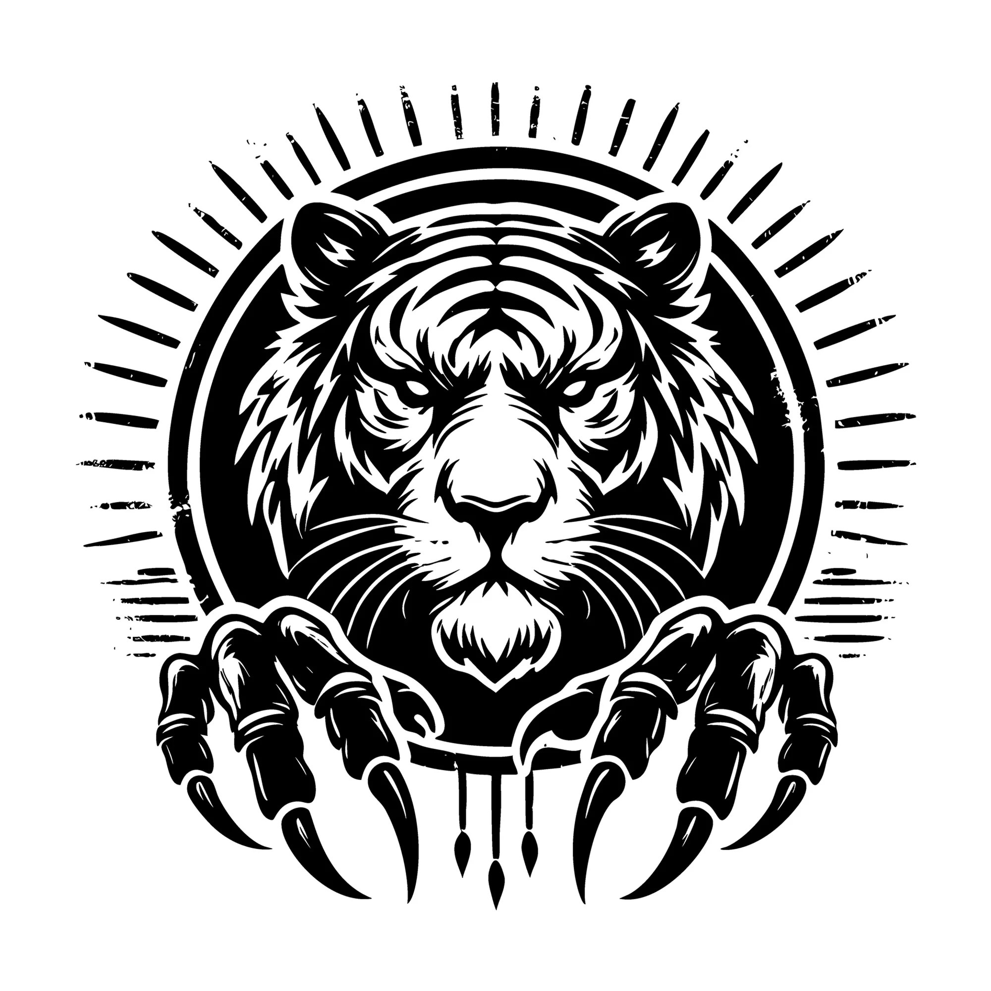 Fierce Tiger Face with Claws and Sunburst SVG