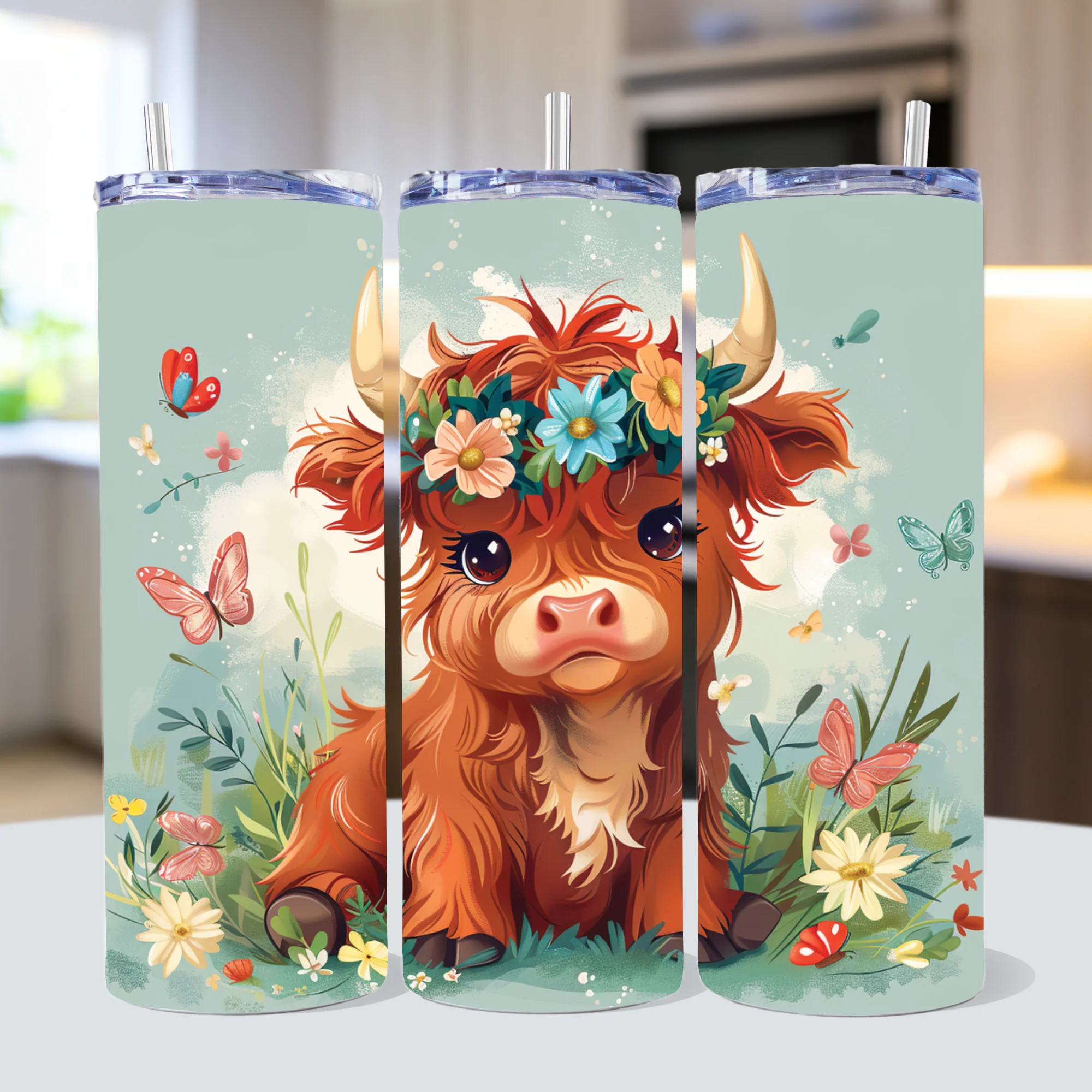 Floral Highland Cow 20 oz Tumbler Sublimation Bundle PNG - Image 2