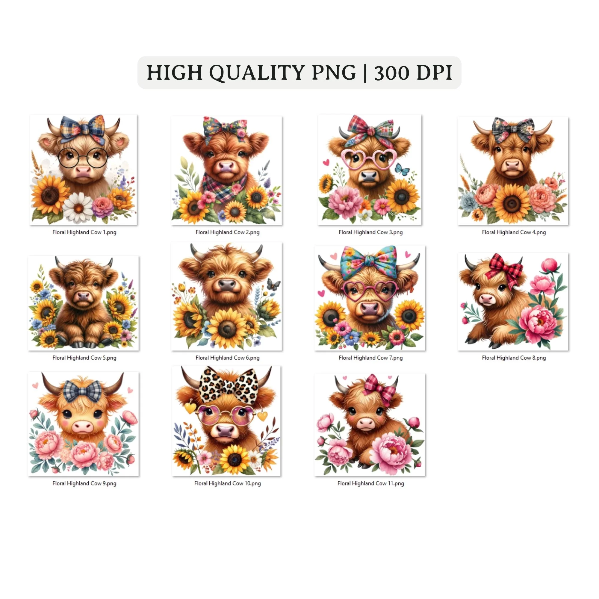 Floral Highland Cow Sublimation Bundle Clipart PNG - Image 3