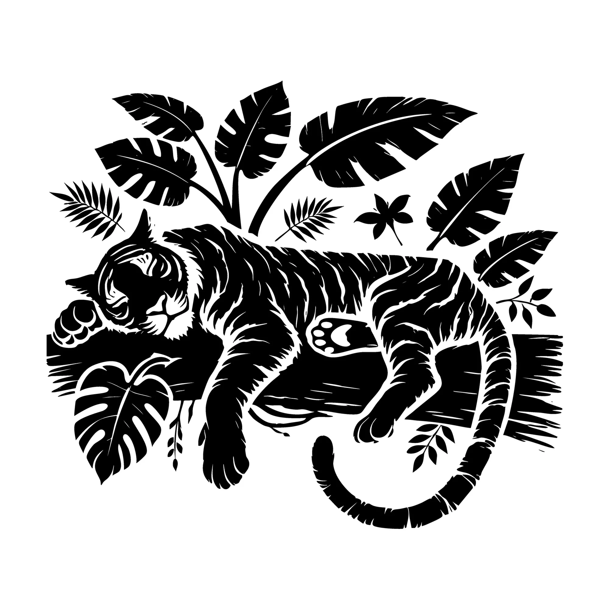 Jungle Sleeping Tiger with Leaves Silhouette SVG