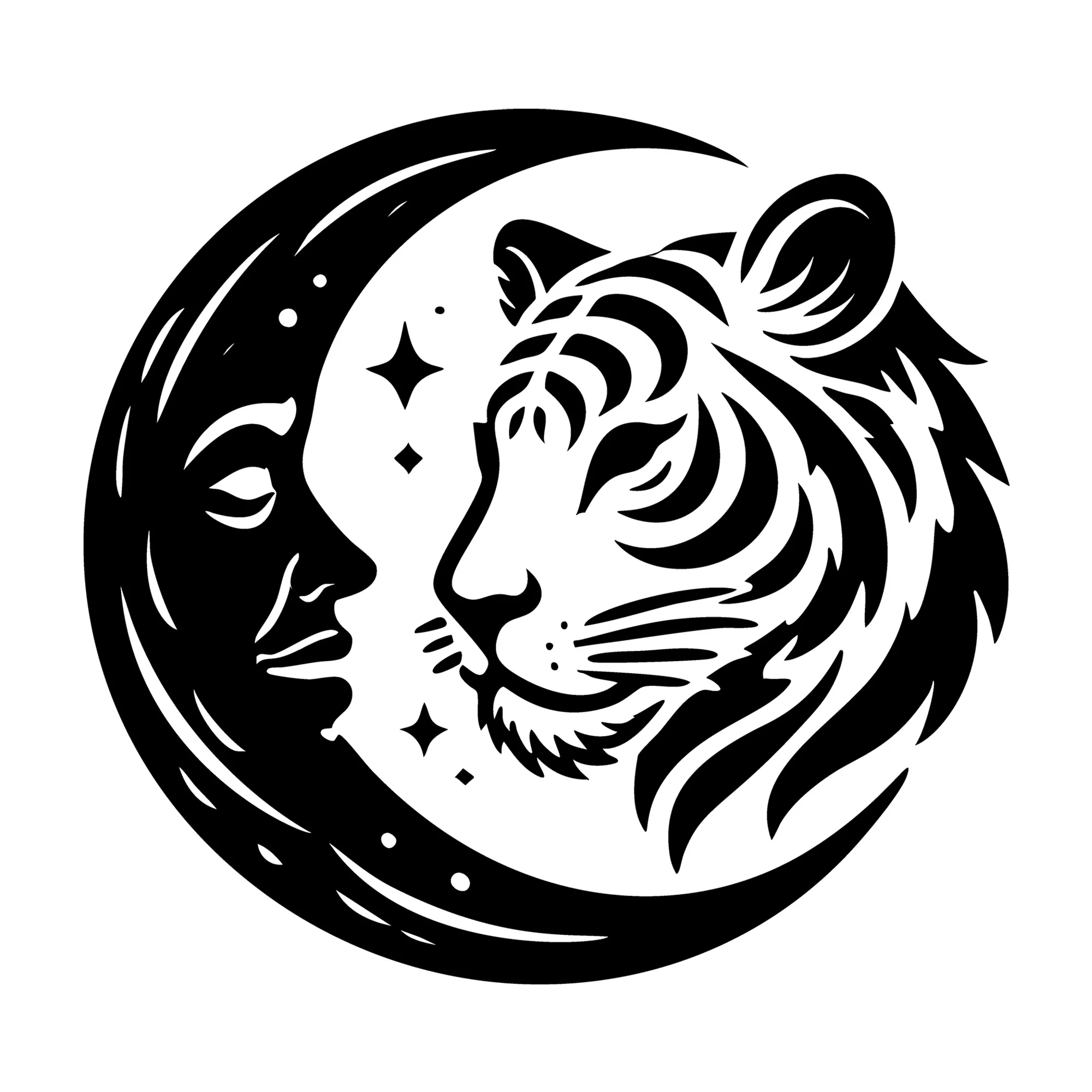 Moon Face and Tiger Silhouette with Star Accents SVG