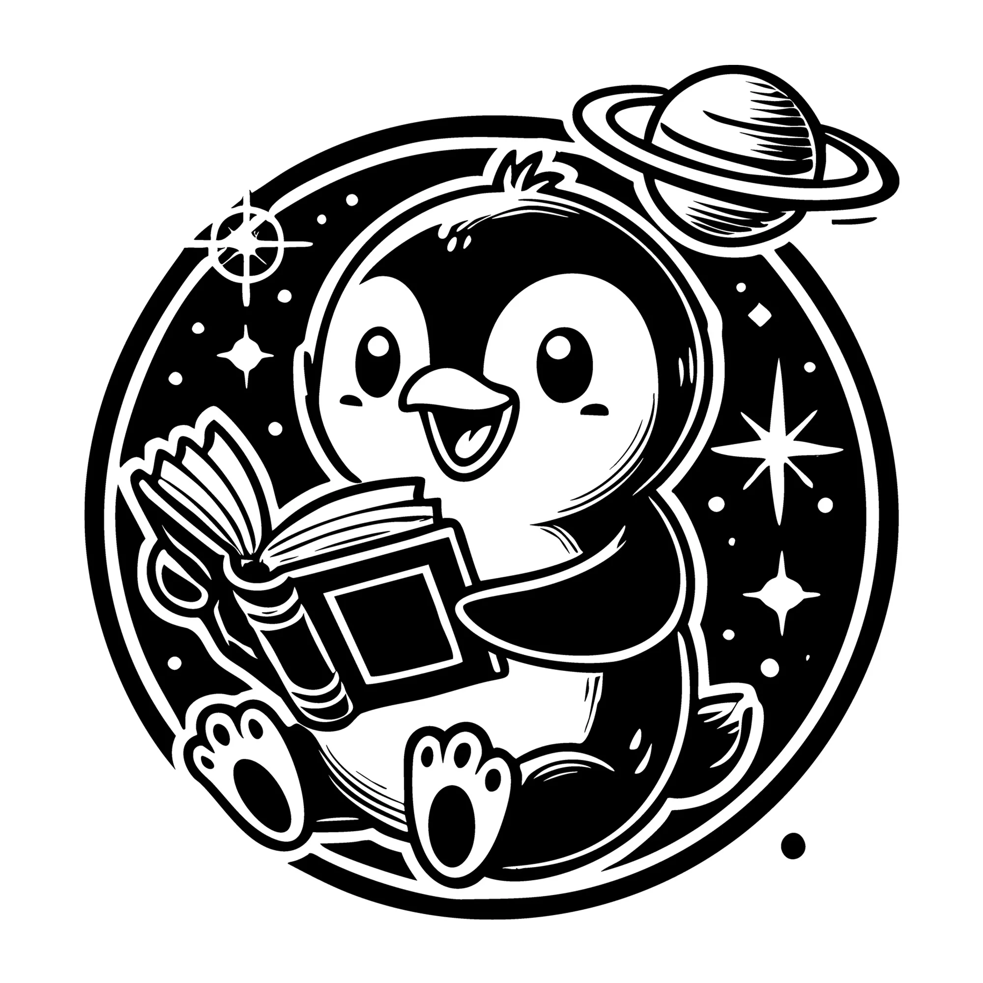 Penguin Reading with Planets and Stars SVG