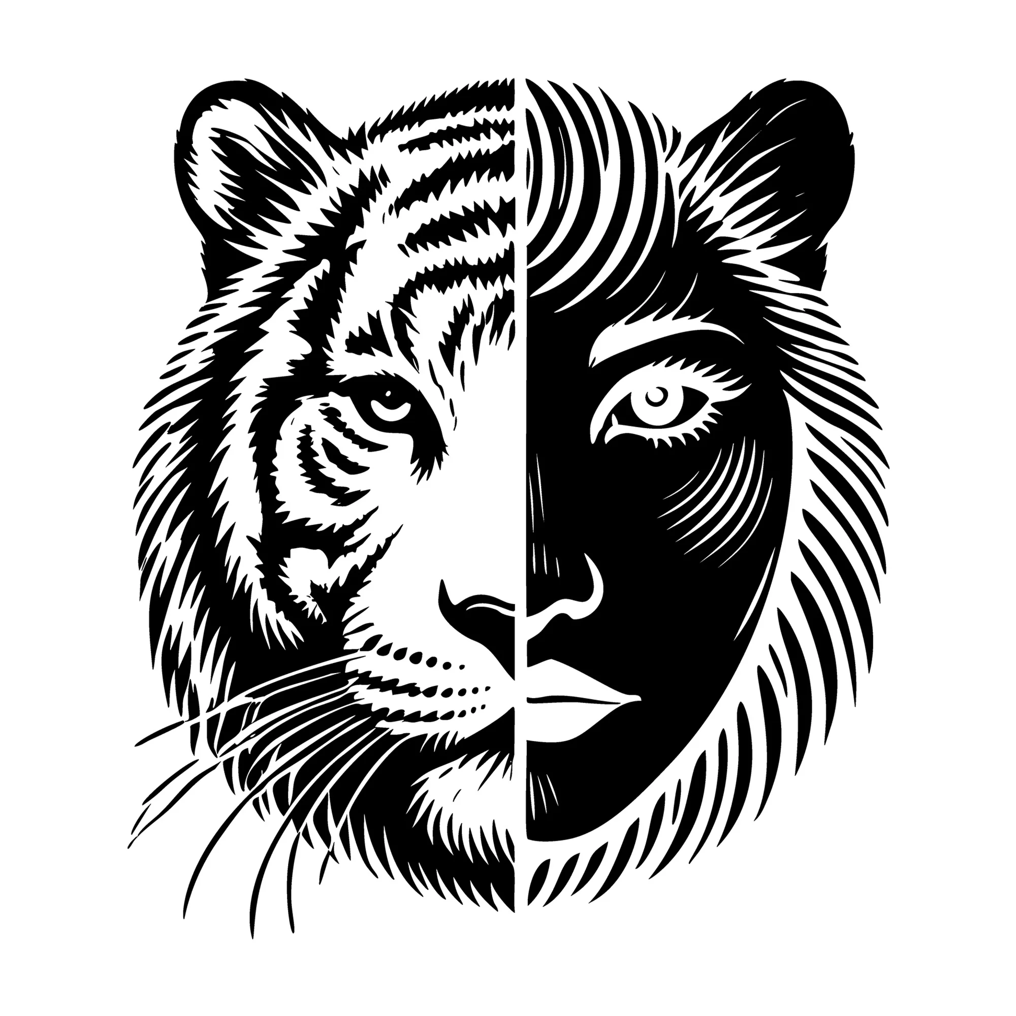 Silhouette of a Tiger and a Woman Merging Together SVG