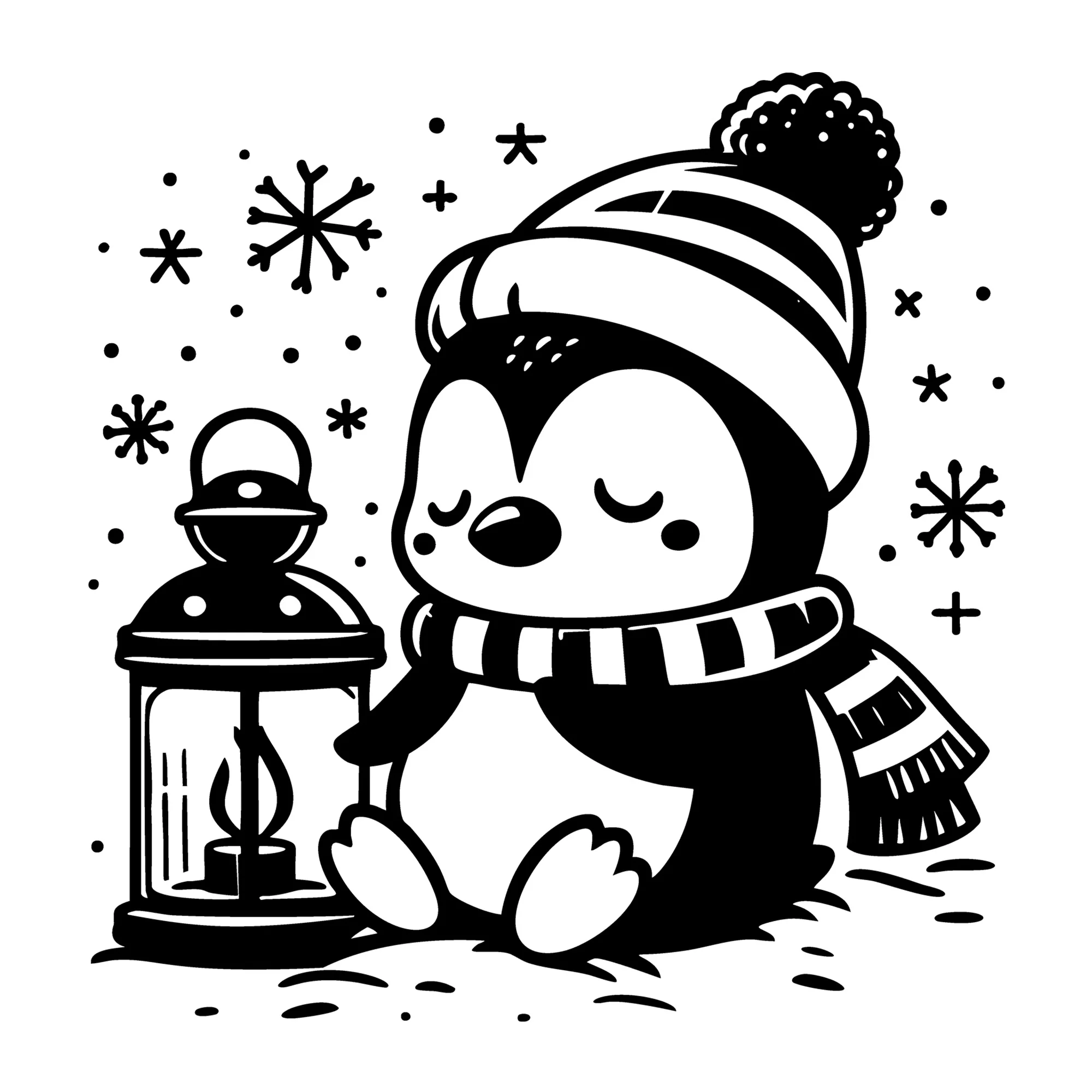Sleepy Penguin by Lantern in Winter Hat and Scarf SVG