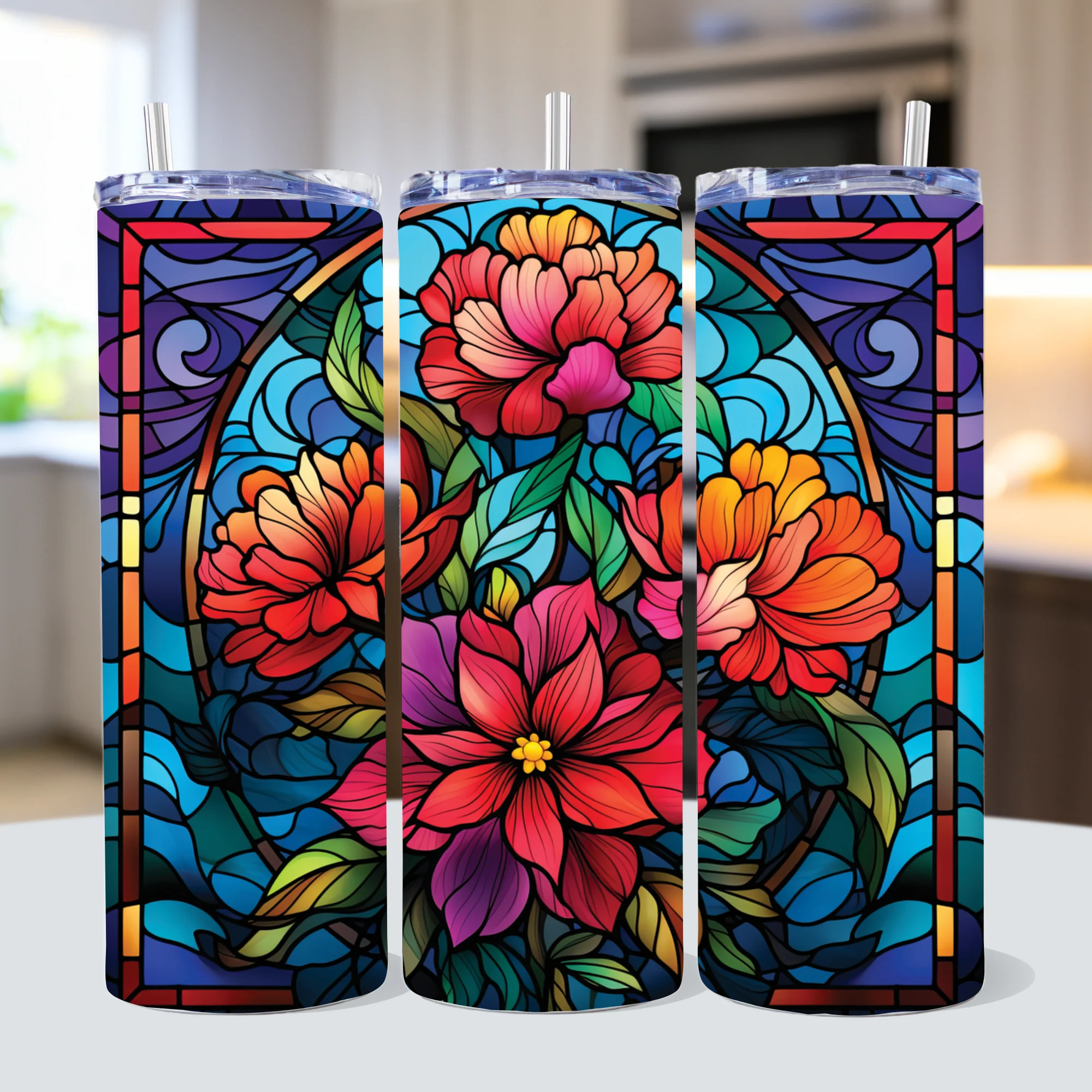 Stained Glass Flowers 20 oz Tumbler Sublimation Bundle PNG - Image 2