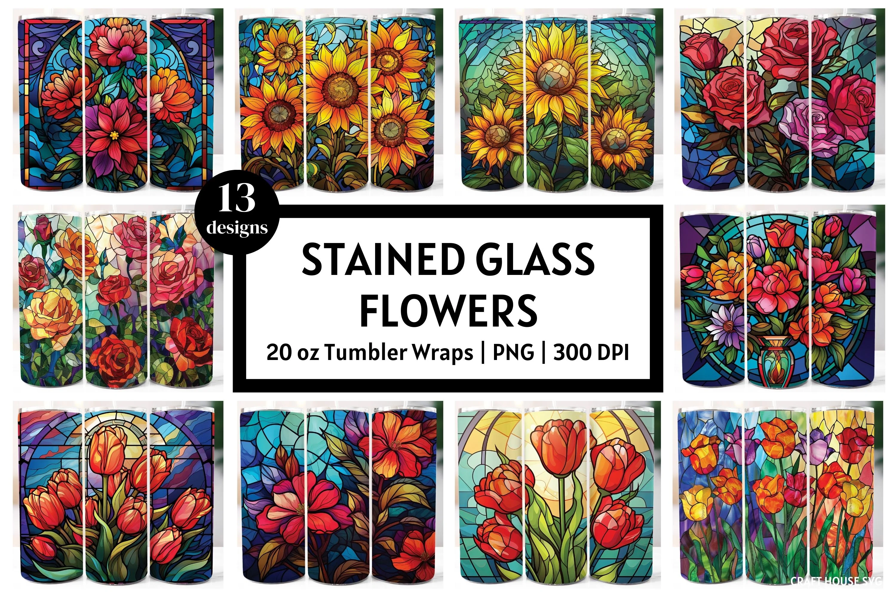 Stained Glass Flowers 20 oz Tumbler Sublimation Bundle PNG - Image 3