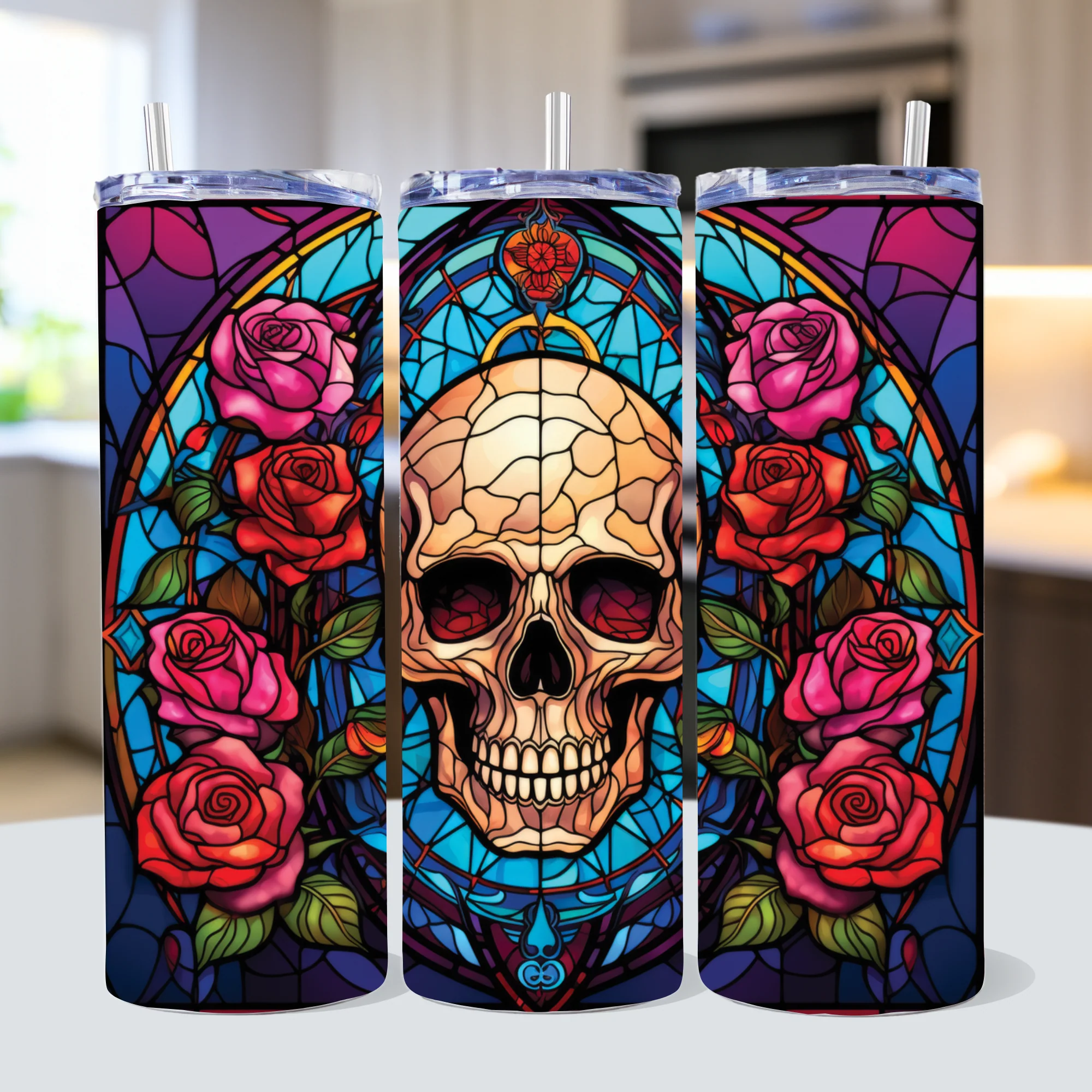 Stained Glass Skull 20 oz Tumbler Sublimation Bundle PNG - Image 2