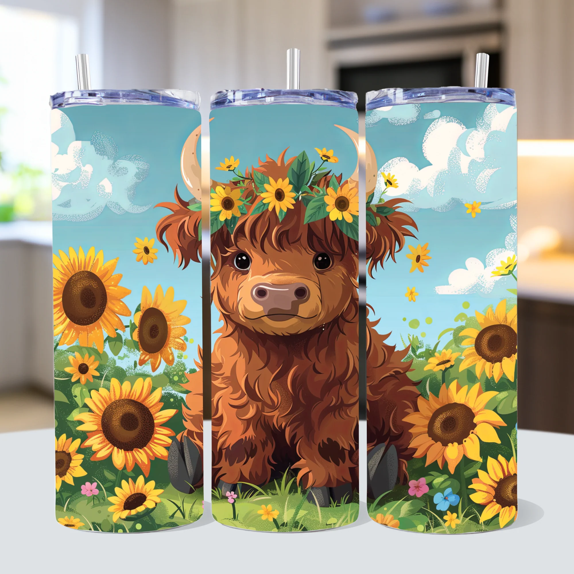 Sunflower Highland Cow Tumbler Sublimation Bundle PNG 20 oz - Image 2