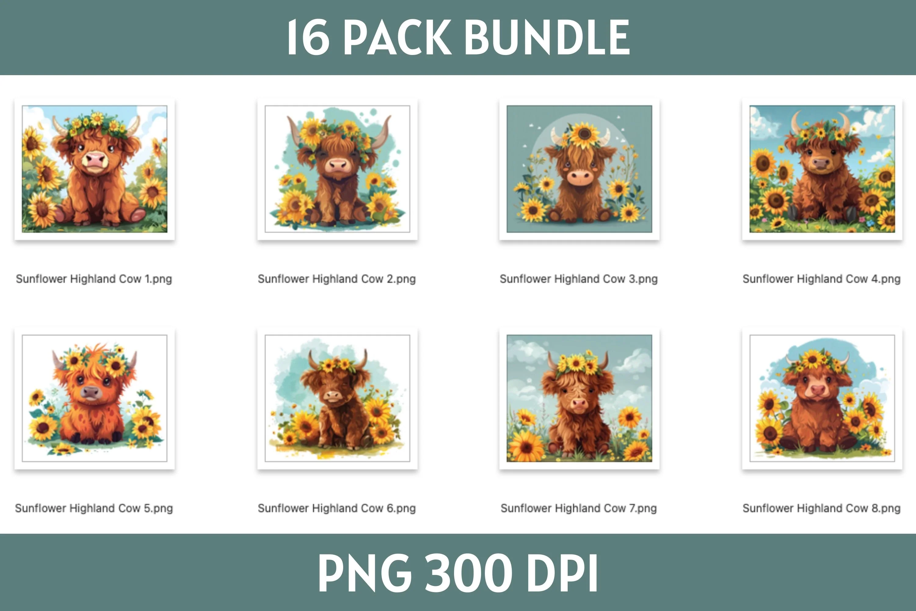 Sunflower Highland Cow Tumbler Sublimation Bundle PNG 20 oz - Image 3