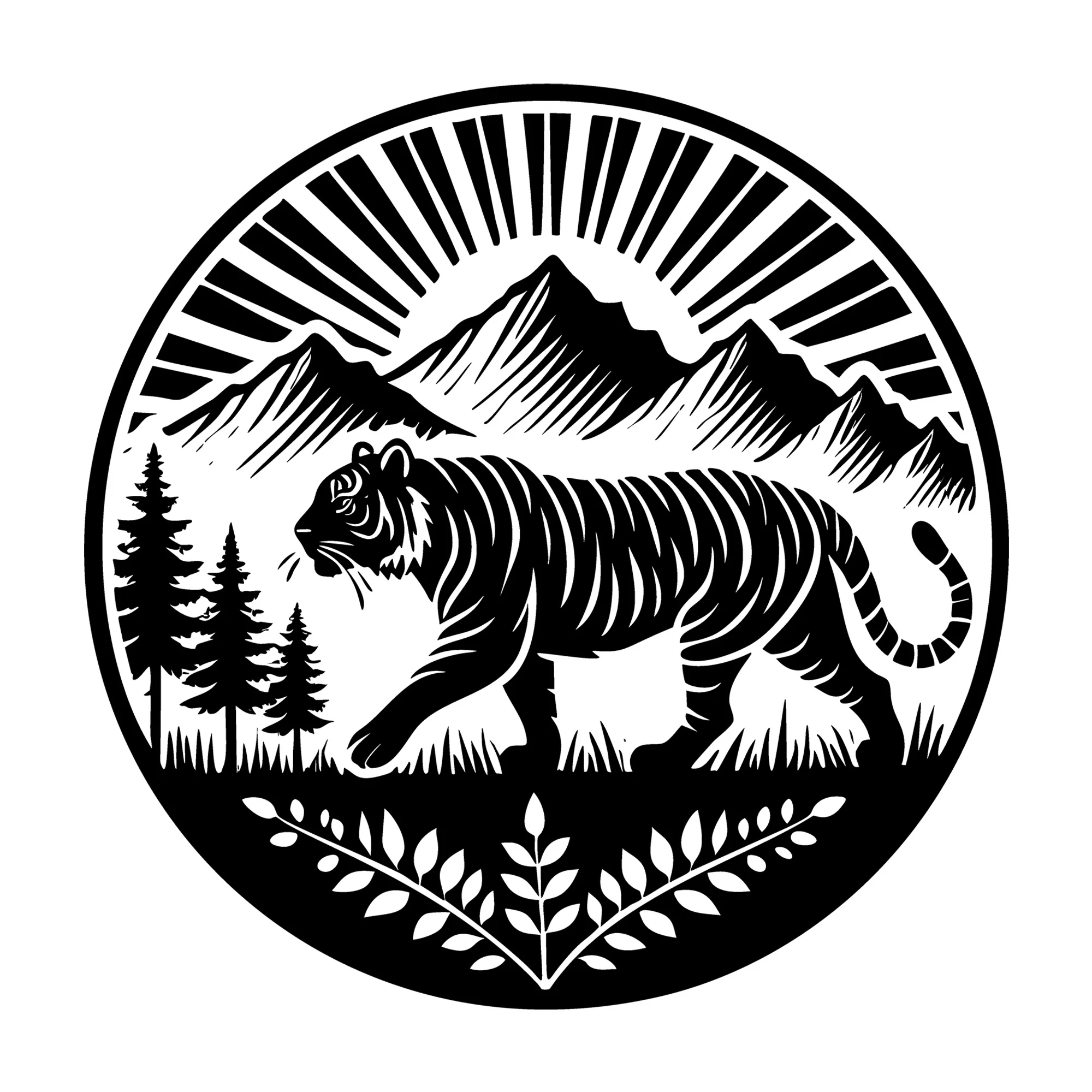 Tiger and Sunrise Mountain Scene Silhouette SVG