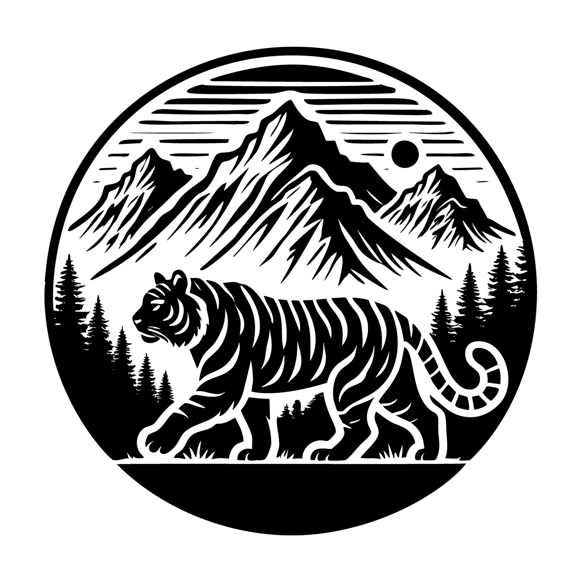 Tiger in Circular Mountain Landscape Silhouette SVG