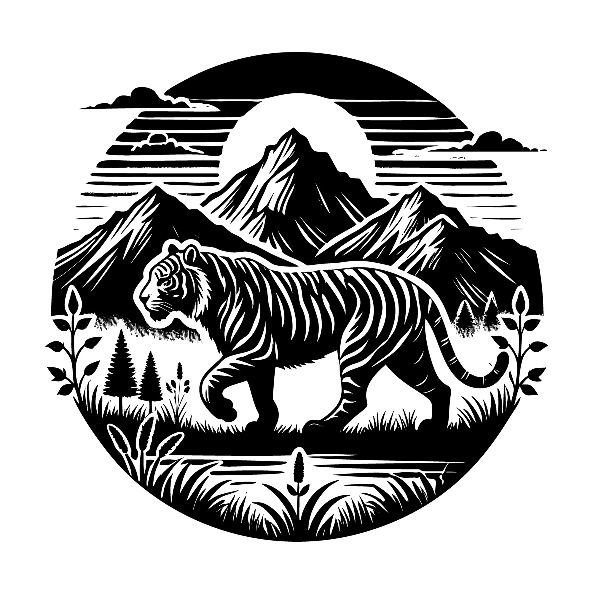 Tiger in Mountain Landscape Silhouette SVG