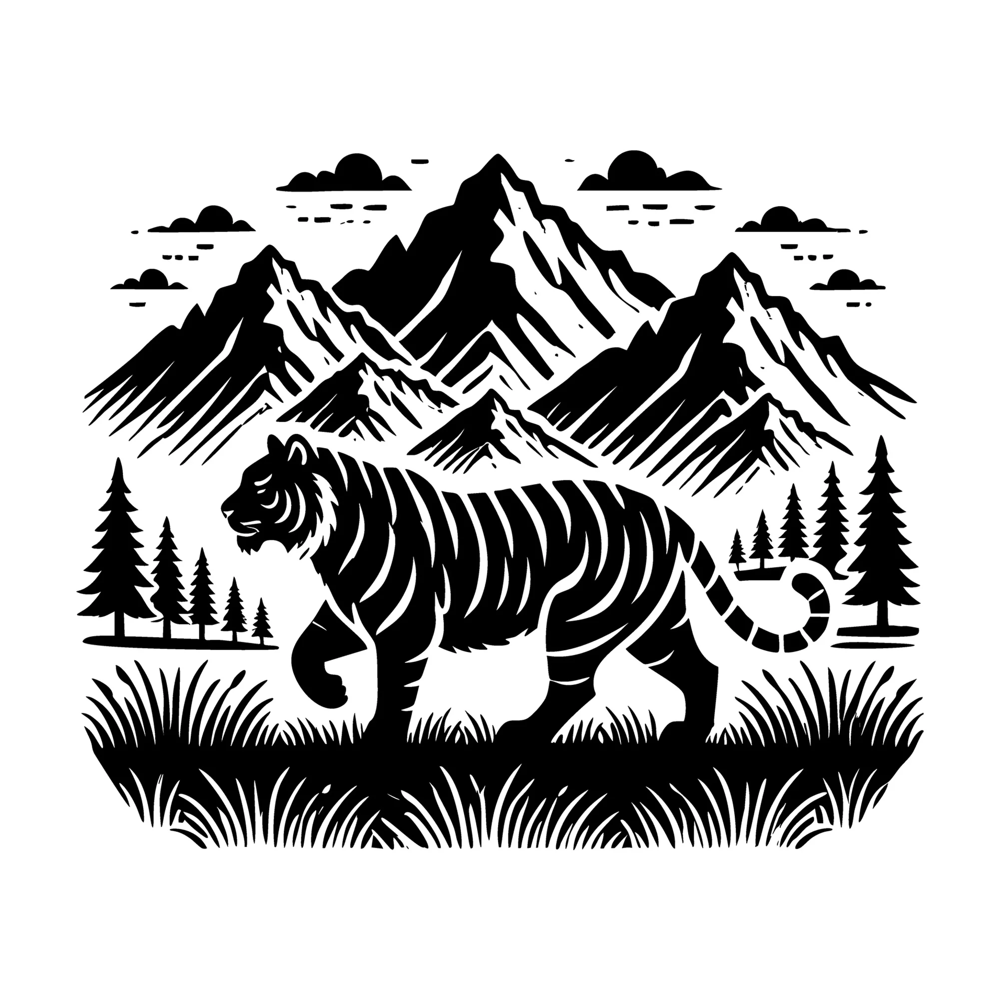 Tiger in Scenic Mountain Field Silhouette SVG