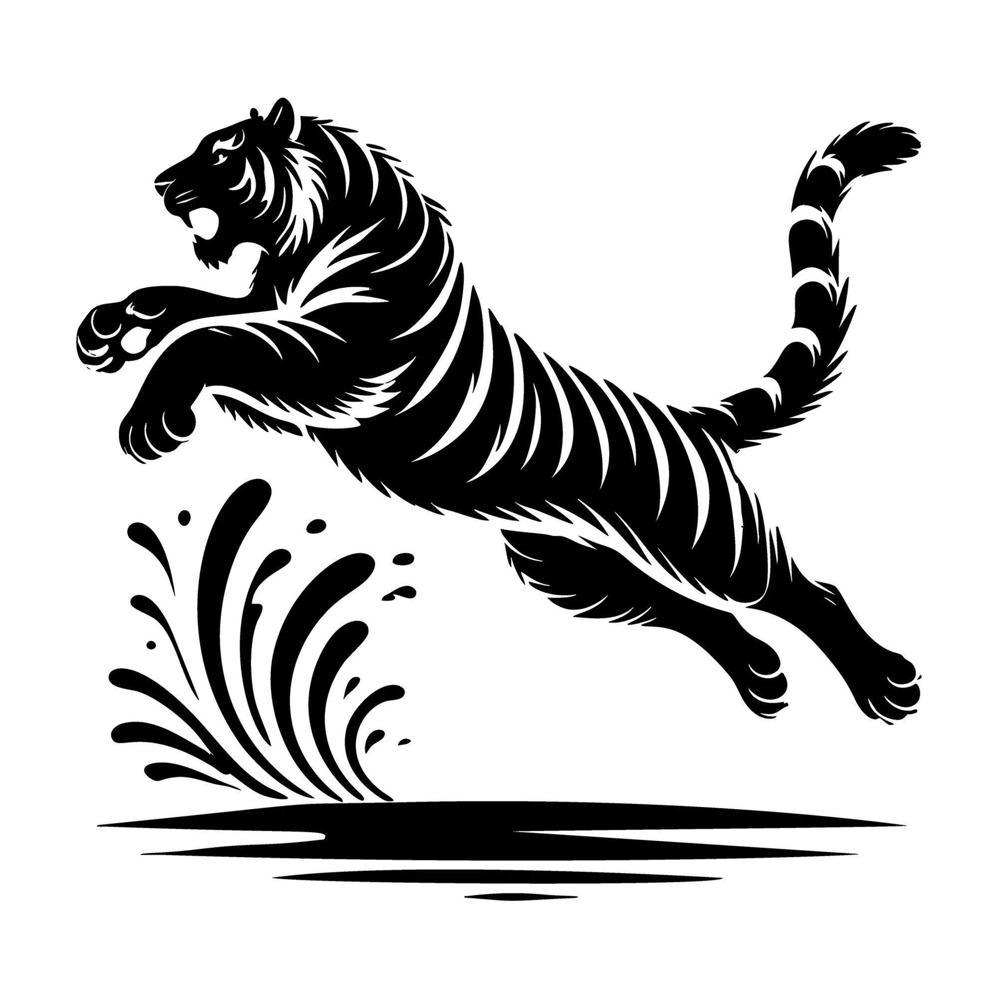 Tiger Leaping Over Water Splash in Silhouette SVG