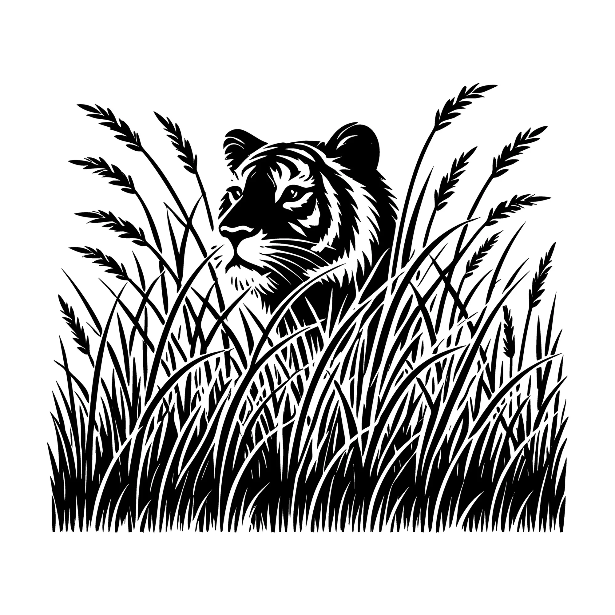 Tiger Peeking Through Grass Silhouette SVG