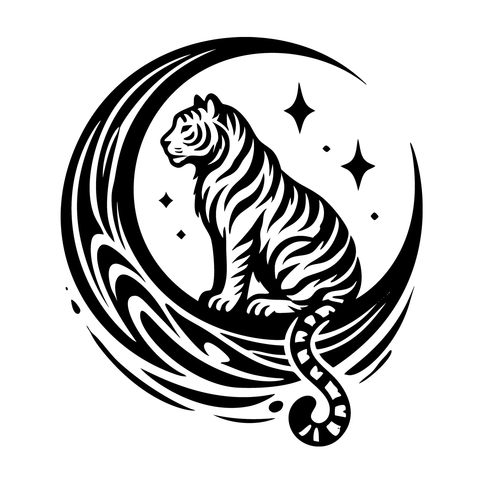 Tiger Sitting Below Crescent Moon Silhouette SVG