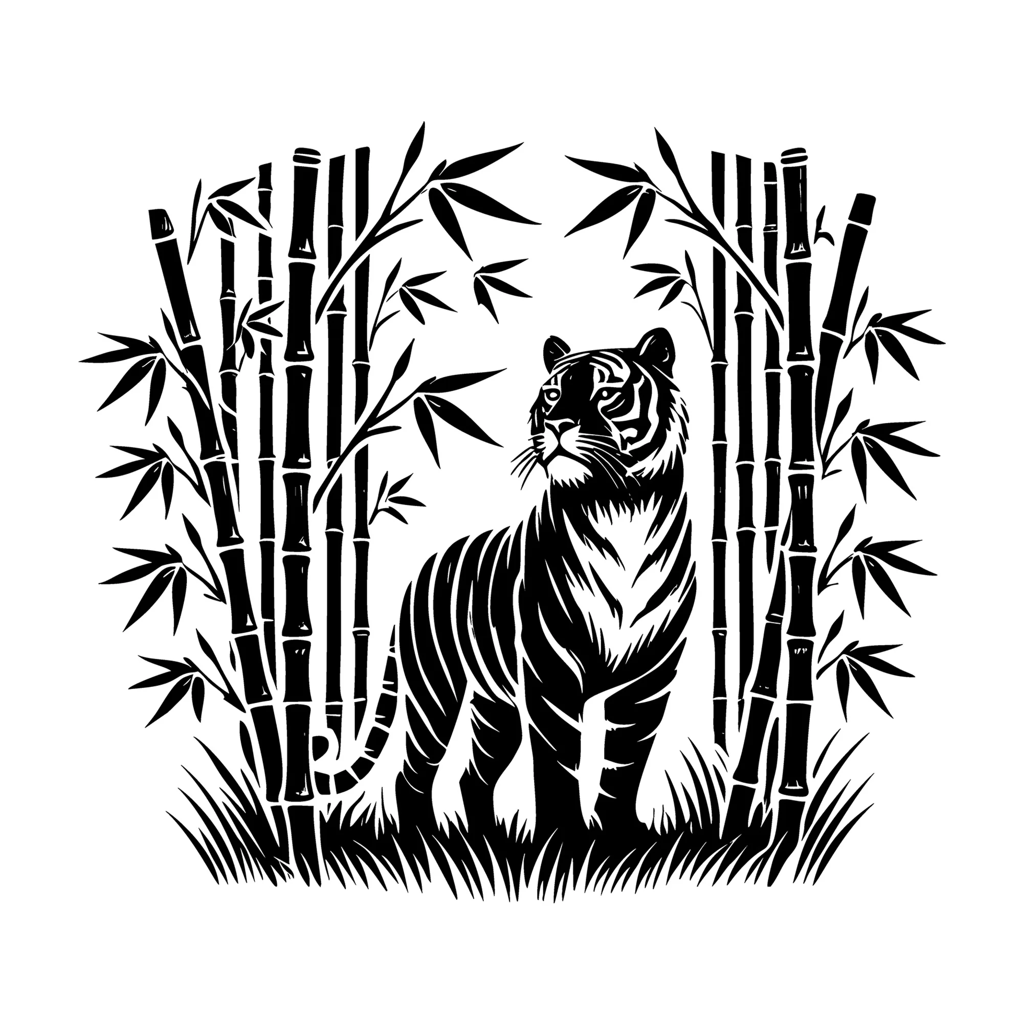 Tiger Standing in Bamboo Silhouette SVG