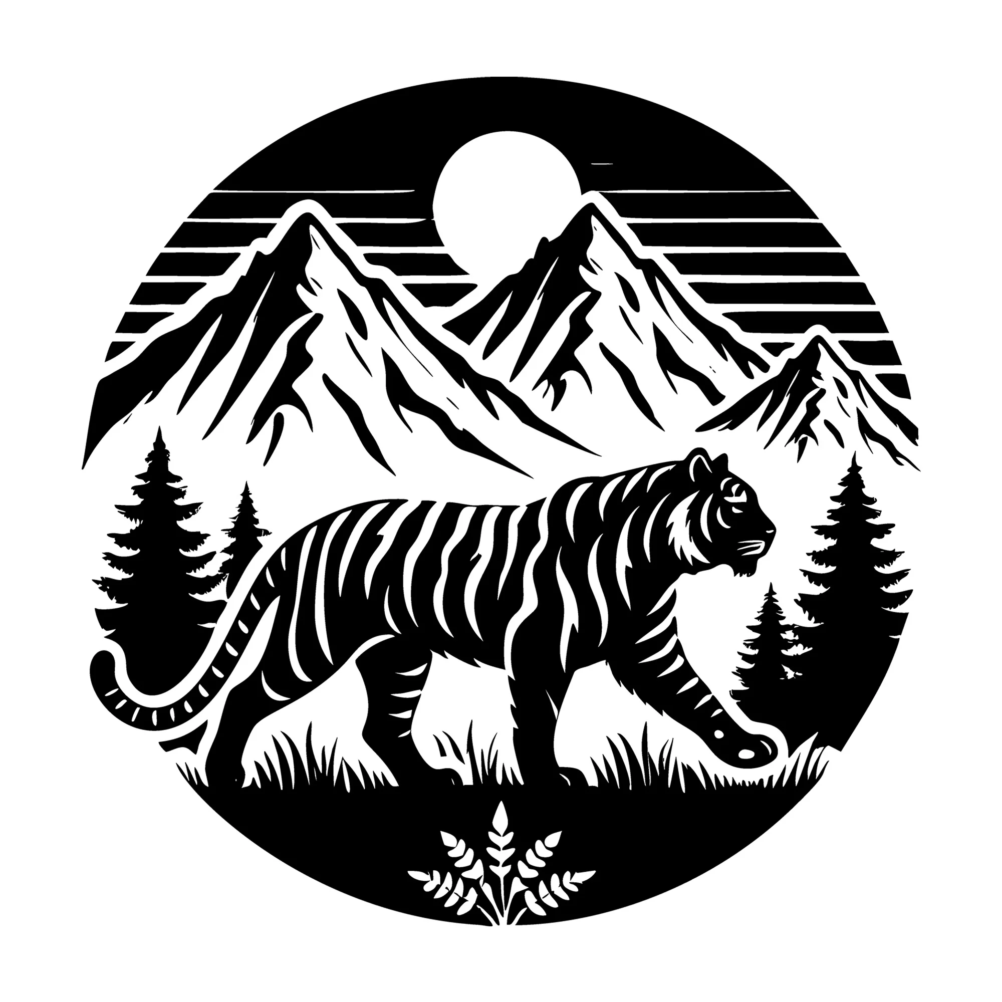 Tiger with Moonlit Mountain Silhouette SVG