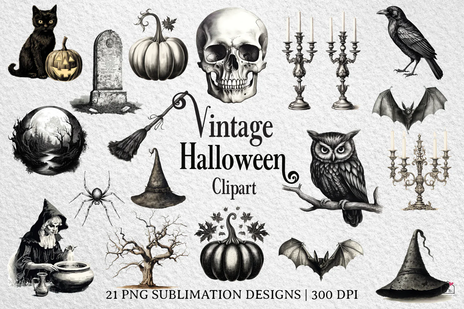 Vintage Halloween Sublimation Bundle Illustration Clipart Designs PNG - Image 3