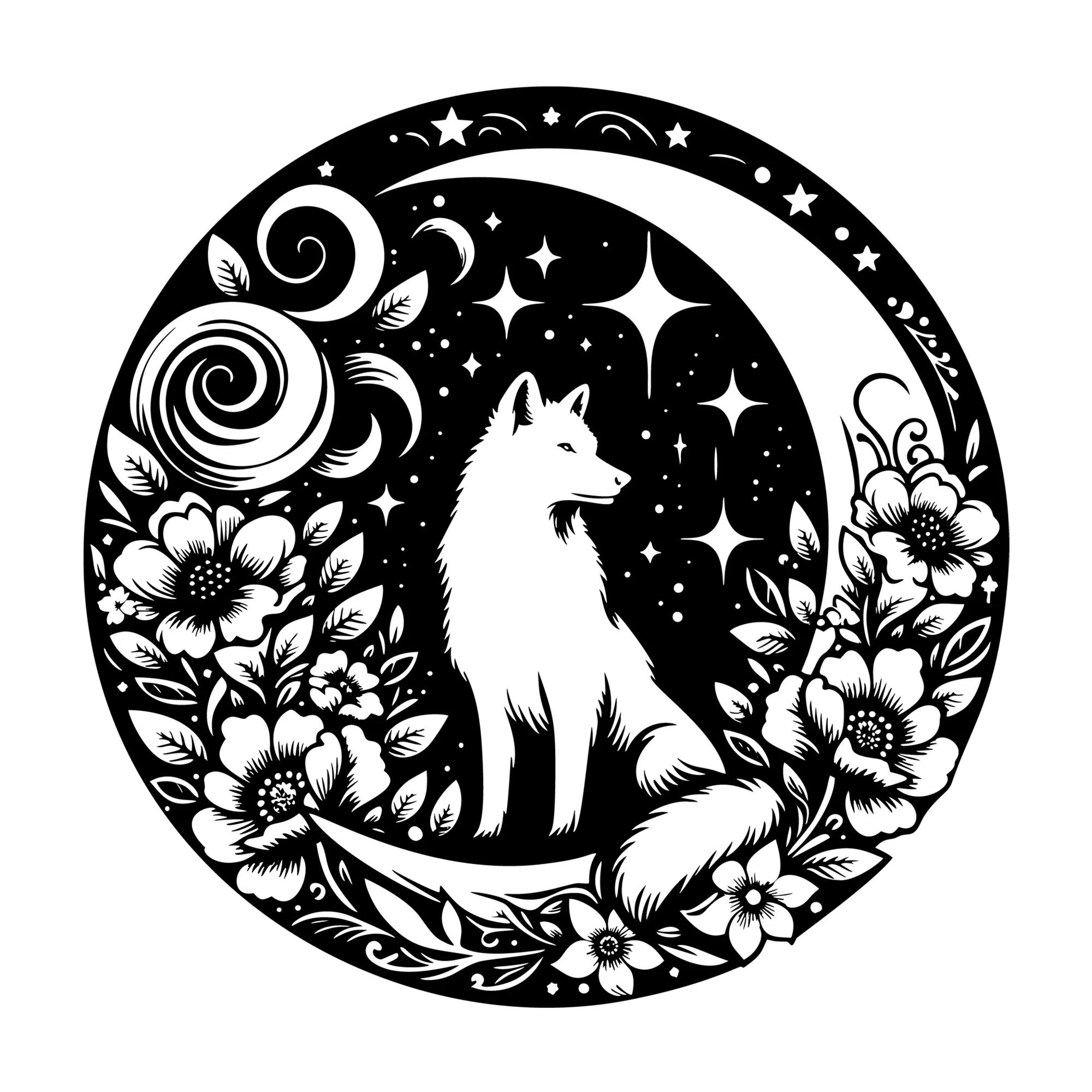 Wolf Crescent Moon Floral SVG